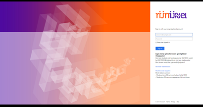 Hier zie je een oranje paars inlogscherm met een Rijn IJssel logo en een veld voor een emailadres en wachtwoord