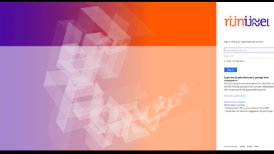 Hier zie je een oranje paars inlogscherm met een Rijn IJssel logo en een veld voor een emailadres en wachtwoord